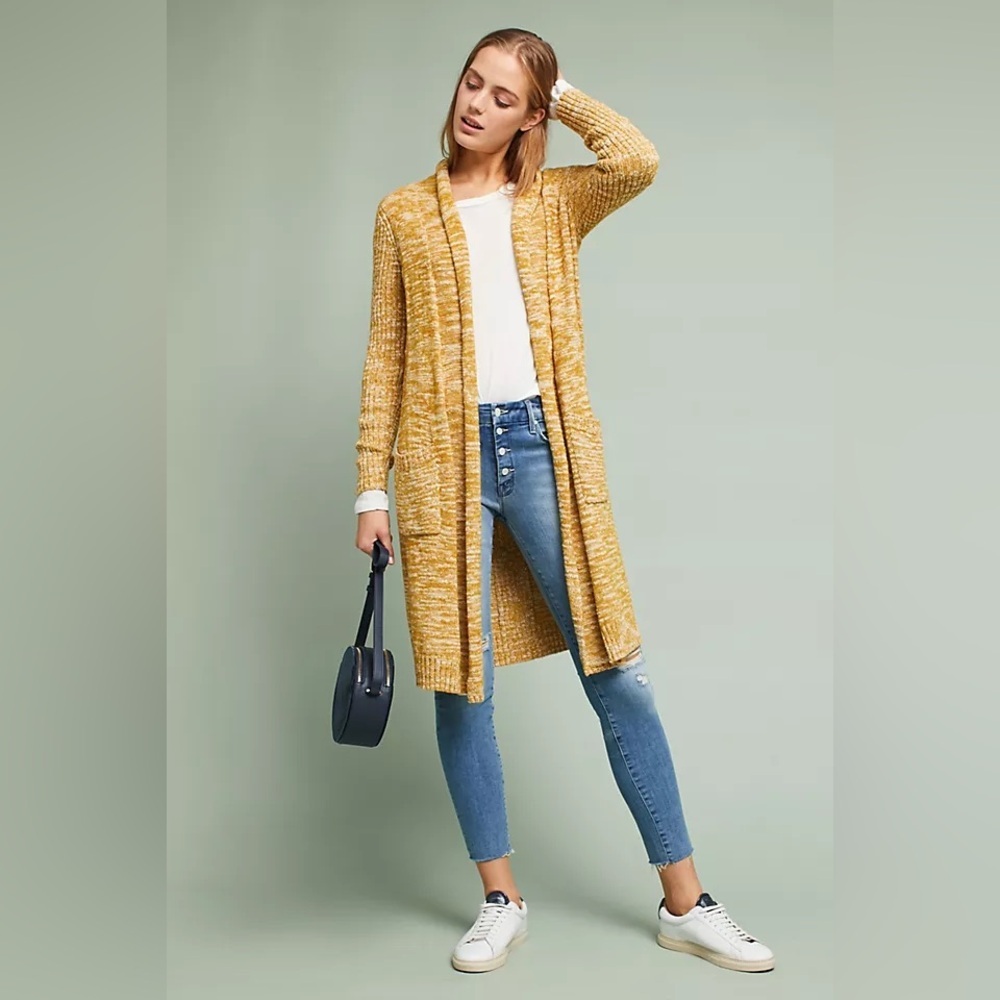 Anthropologie Abigail Cardigan Open Midi Mustard Yellow Marled Cream Pockets S​